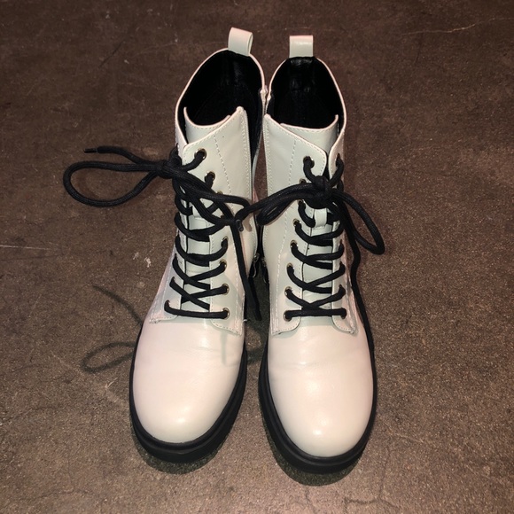 White Leather Lace Up Combat Boots - Picture 3 of 6